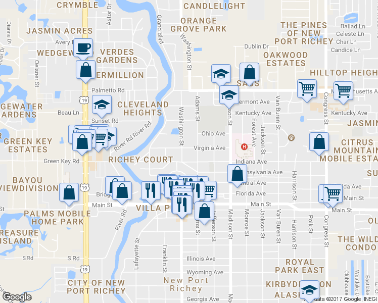 map of restaurants, bars, coffee shops, grocery stores, and more near 5744 Virginia Avenue in New Port Richey