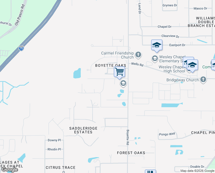 map of restaurants, bars, coffee shops, grocery stores, and more near 29824 Wells Road in Wesley Chapel