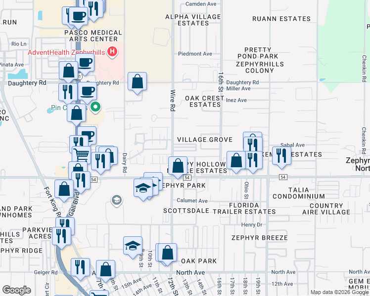 map of restaurants, bars, coffee shops, grocery stores, and more near 38531 Windflower Avenue in Zephyrhills