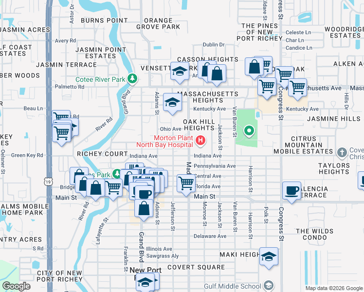 map of restaurants, bars, coffee shops, grocery stores, and more near 5926 Virginia Avenue in New Port Richey