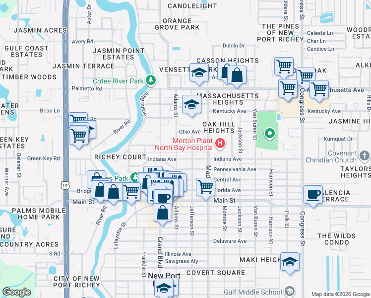 map of restaurants, bars, coffee shops, grocery stores, and more near 5840 Virginia Avenue in New Port Richey