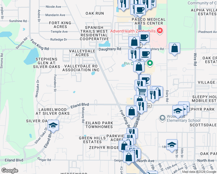map of restaurants, bars, coffee shops, grocery stores, and more near 6637 New England Drive in Zephyrhills