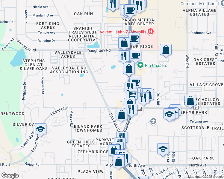 map of restaurants, bars, coffee shops, grocery stores, and more near 37819 Bentley Drive in Zephyrhills