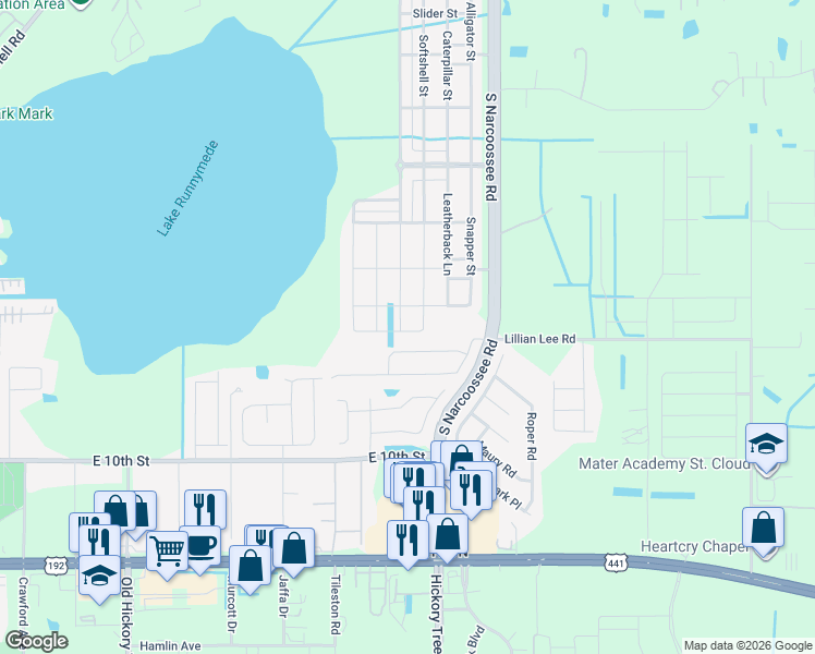 map of restaurants, bars, coffee shops, grocery stores, and more near 1815 Hawksbill Lane in St. Cloud