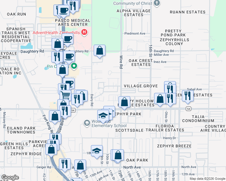 map of restaurants, bars, coffee shops, grocery stores, and more near 38415 Cottonwood Place in Zephyrhills