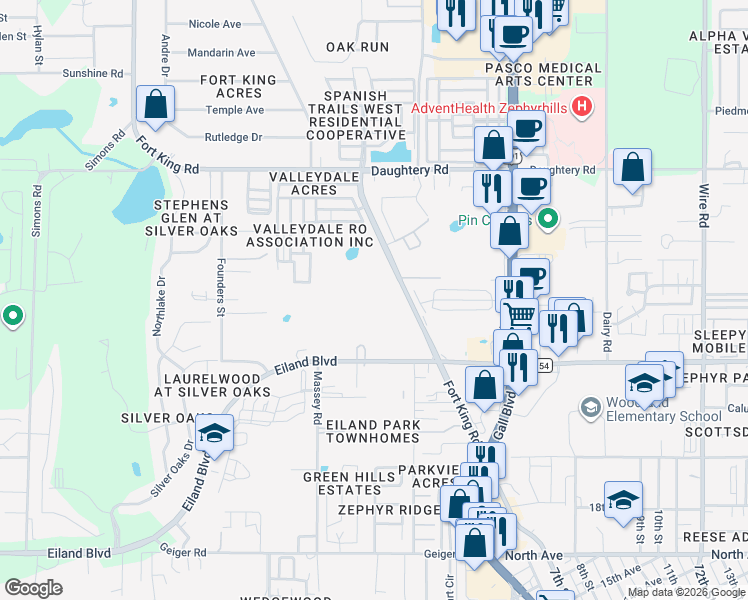 map of restaurants, bars, coffee shops, grocery stores, and more near 6631 Fort King Road in Zephyrhills