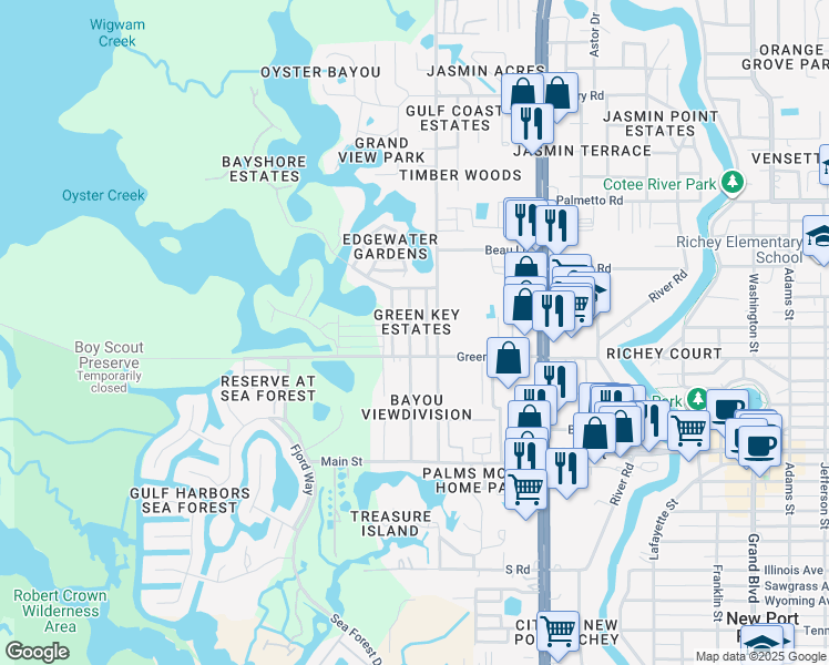 map of restaurants, bars, coffee shops, grocery stores, and more near 6620 Del Prado Terrace in New Port Richey