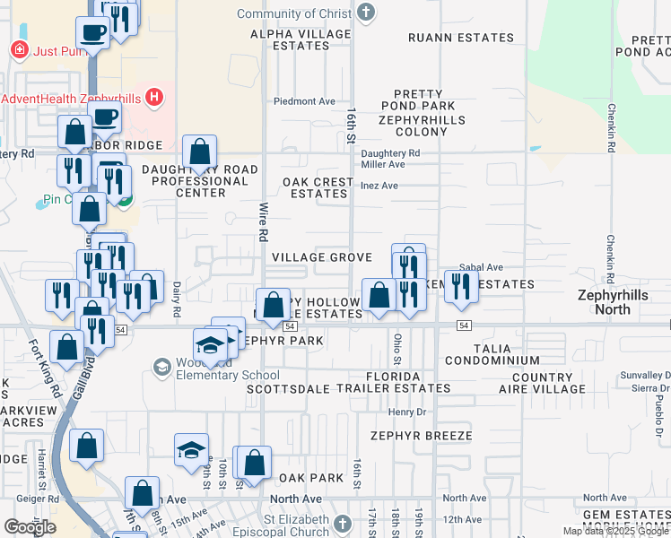 map of restaurants, bars, coffee shops, grocery stores, and more near 38723 Vulcan Circle in Zephyrhills