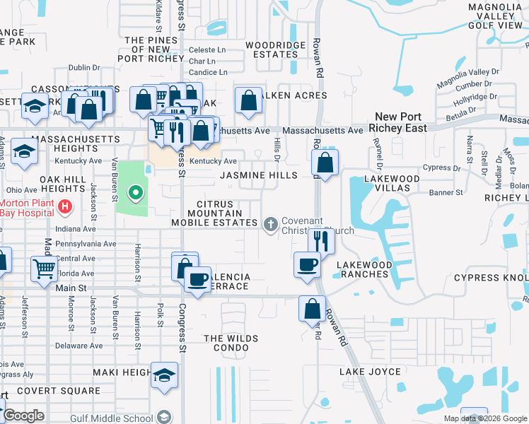 map of restaurants, bars, coffee shops, grocery stores, and more near 6608 Crossbow Lane in New Port Richey