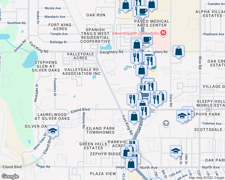 map of restaurants, bars, coffee shops, grocery stores, and more near 6637 New England Drive in Zephyrhills