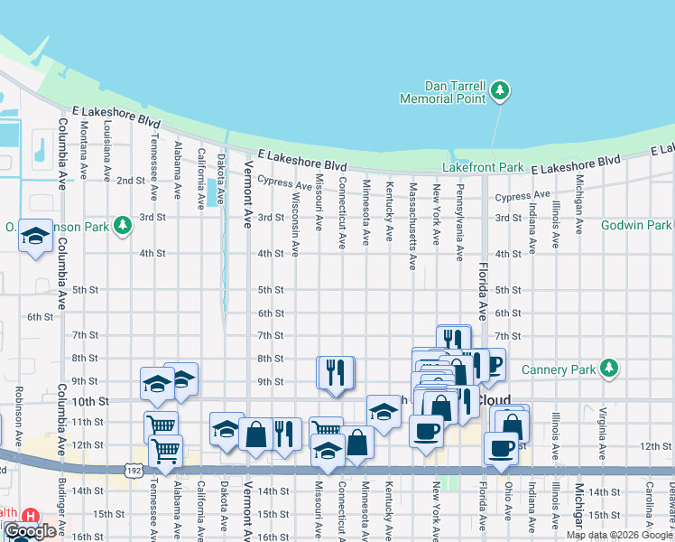 map of restaurants, bars, coffee shops, grocery stores, and more near 420 Connecticut Avenue in St. Cloud