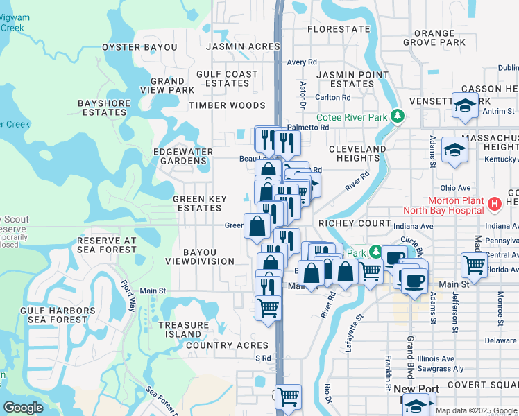 map of restaurants, bars, coffee shops, grocery stores, and more near 5139 Green Key Road in New Port Richey