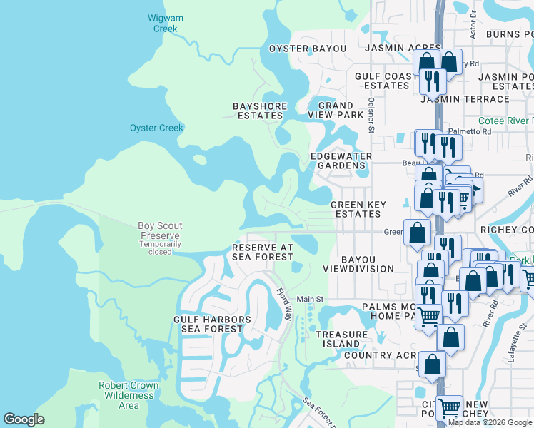 map of restaurants, bars, coffee shops, grocery stores, and more near 4602 Heavens Way in New Port Richey