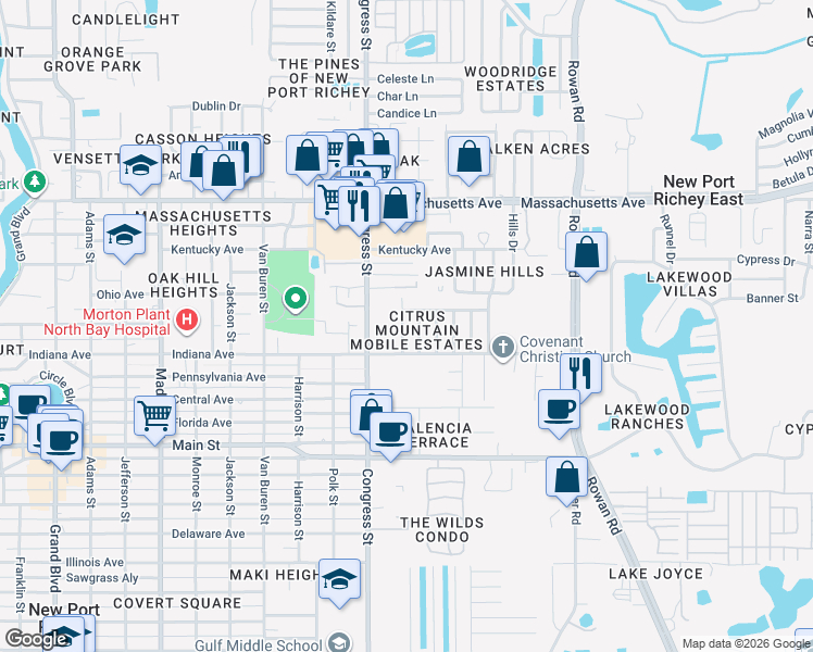 map of restaurants, bars, coffee shops, grocery stores, and more near 6624 Durian Trail in New Port Richey
