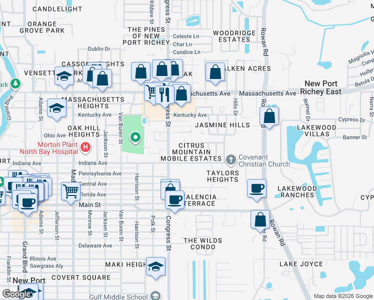map of restaurants, bars, coffee shops, grocery stores, and more near 6615 Silverbell Drive in New Port Richey