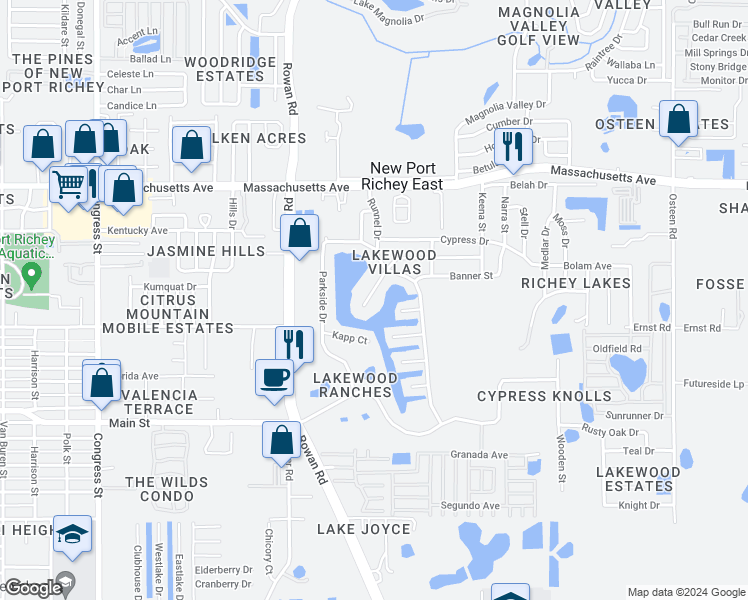 map of restaurants, bars, coffee shops, grocery stores, and more near 7206 Cedar Point Drive in New Port Richey
