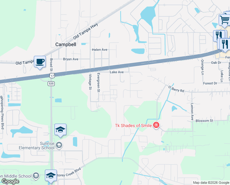 map of restaurants, bars, coffee shops, grocery stores, and more near 4275 West Vista Court in Kissimmee