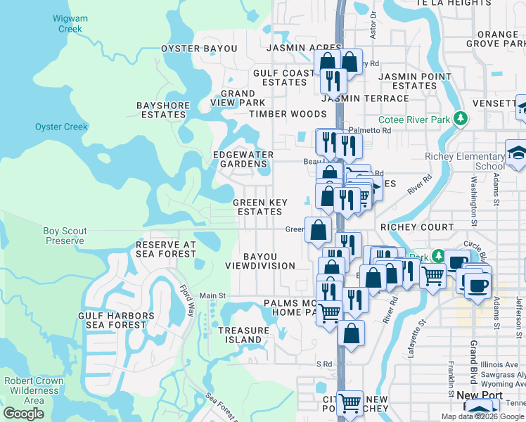 map of restaurants, bars, coffee shops, grocery stores, and more near 6615 Sierra Terrace in New Port Richey