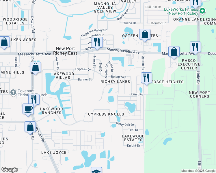 map of restaurants, bars, coffee shops, grocery stores, and more near 7660 Rohuna Drive in New Port Richey