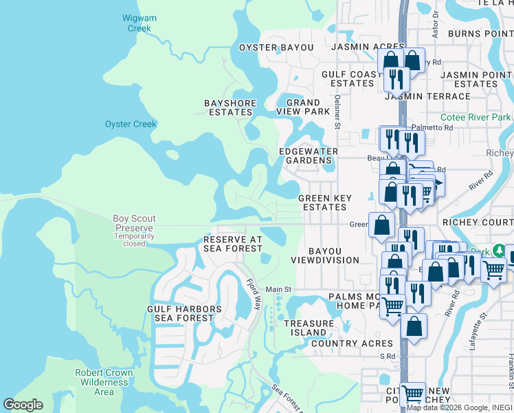 map of restaurants, bars, coffee shops, grocery stores, and more near 4650 Heavens Way in New Port Richey