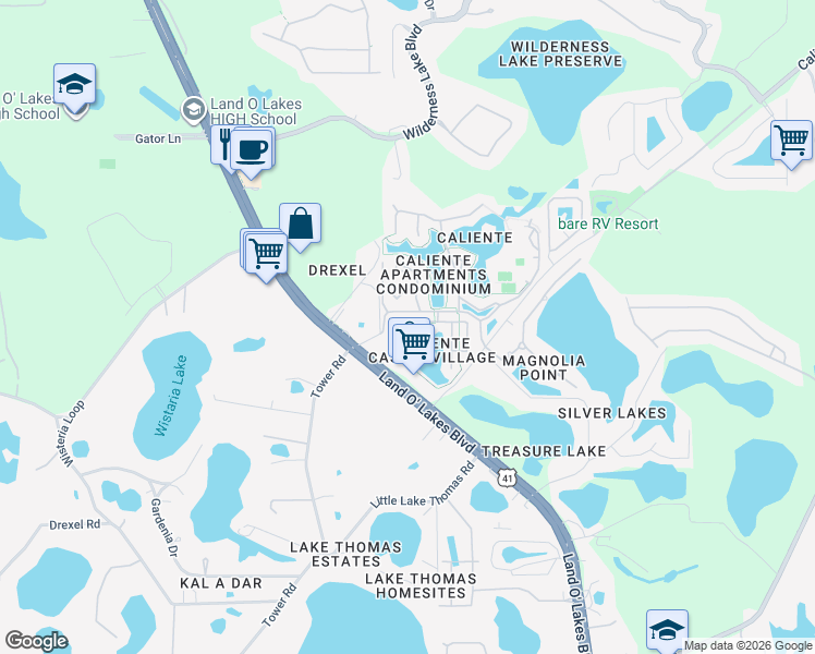 map of restaurants, bars, coffee shops, grocery stores, and more near 21034 Lirio Drive in Land O' Lakes