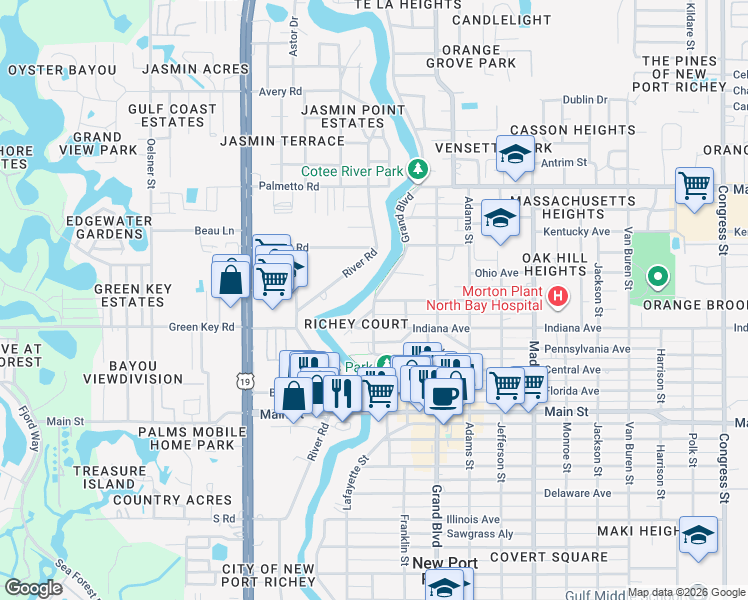 map of restaurants, bars, coffee shops, grocery stores, and more near 6622 Grand Boulevard in Port Richey