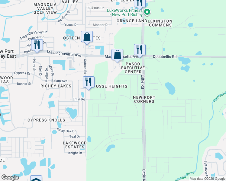 map of restaurants, bars, coffee shops, grocery stores, and more near 6630 Shady Acres Boulevard in New Port Richey