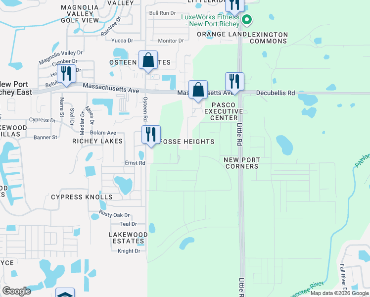 map of restaurants, bars, coffee shops, grocery stores, and more near 6630 Shady Acres Boulevard in New Port Richey