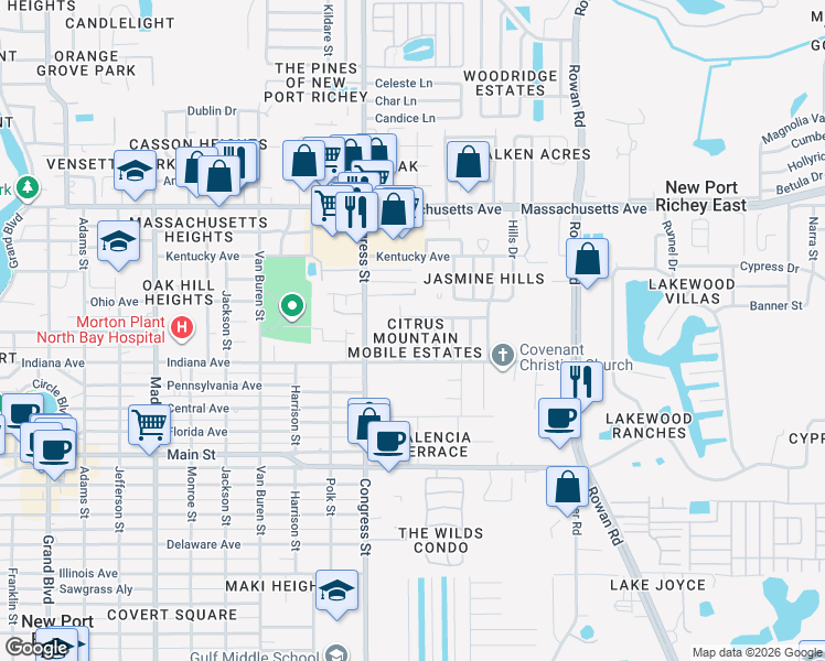 map of restaurants, bars, coffee shops, grocery stores, and more near 6631 Silverbell Drive in New Port Richey
