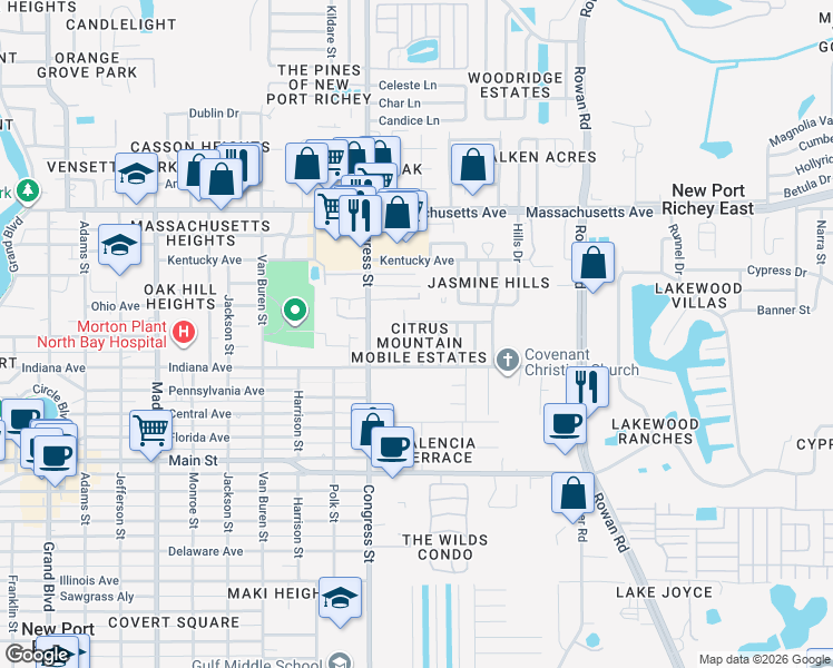map of restaurants, bars, coffee shops, grocery stores, and more near 6631 Silverbell Drive in New Port Richey