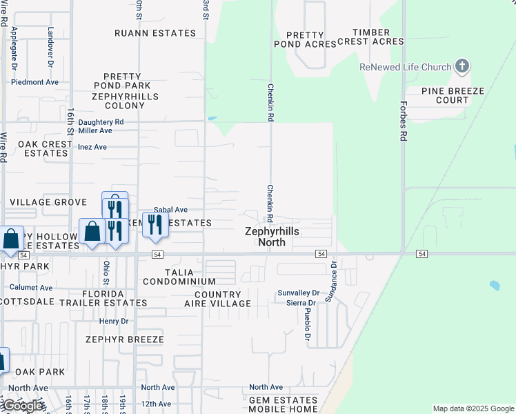 map of restaurants, bars, coffee shops, grocery stores, and more near 39443 Bloss Drive in Zephyrhills