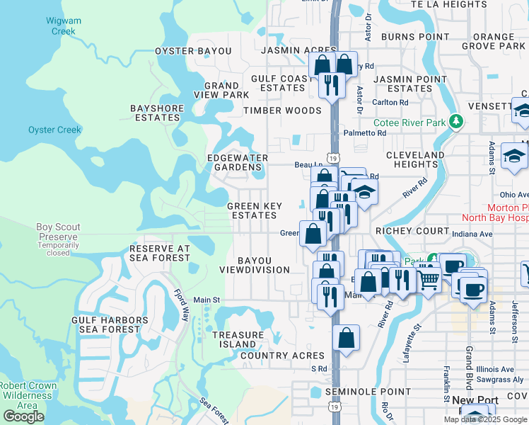 map of restaurants, bars, coffee shops, grocery stores, and more near 6615 Sierra Terrace in New Port Richey