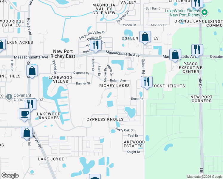 map of restaurants, bars, coffee shops, grocery stores, and more near 7660 Rohuna Drive in New Port Richey