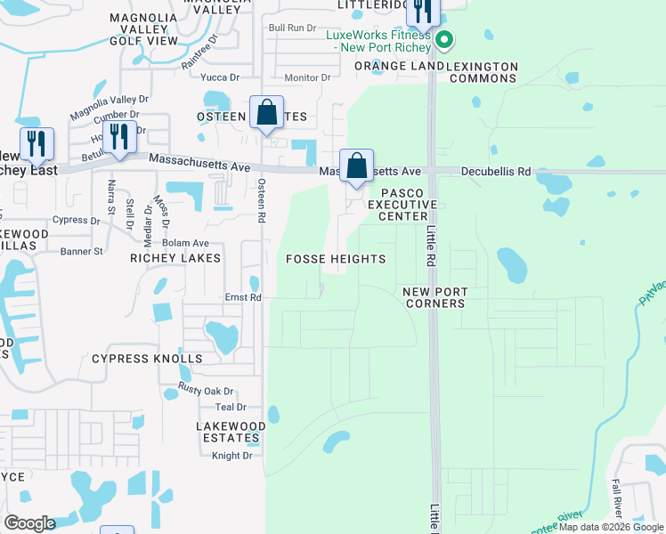 map of restaurants, bars, coffee shops, grocery stores, and more near 6630 Shady Acres Boulevard in New Port Richey