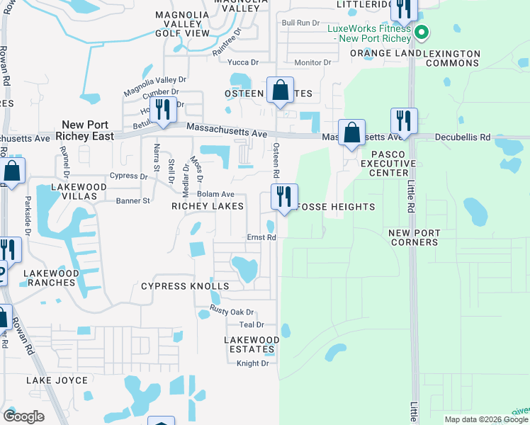 map of restaurants, bars, coffee shops, grocery stores, and more near 6708 Osteen Road in New Port Richey
