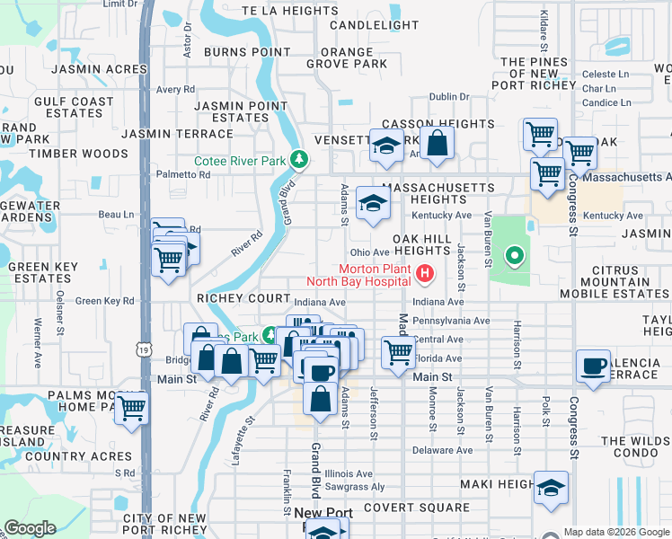 map of restaurants, bars, coffee shops, grocery stores, and more near 5744 Virginia Avenue in New Port Richey