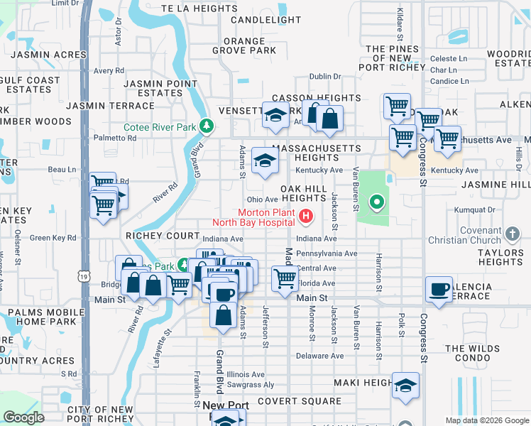 map of restaurants, bars, coffee shops, grocery stores, and more near 5840 Virginia Avenue in New Port Richey