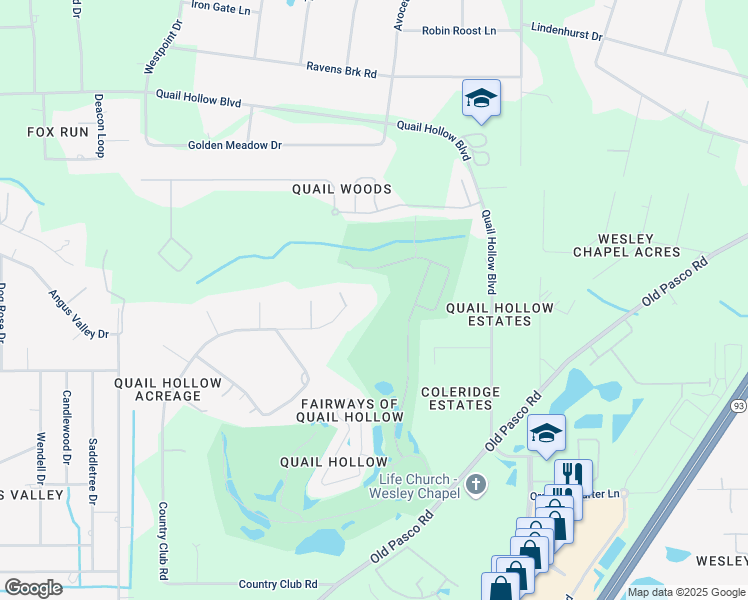 map of restaurants, bars, coffee shops, grocery stores, and more near 6664 Country Club Road in Wesley Chapel