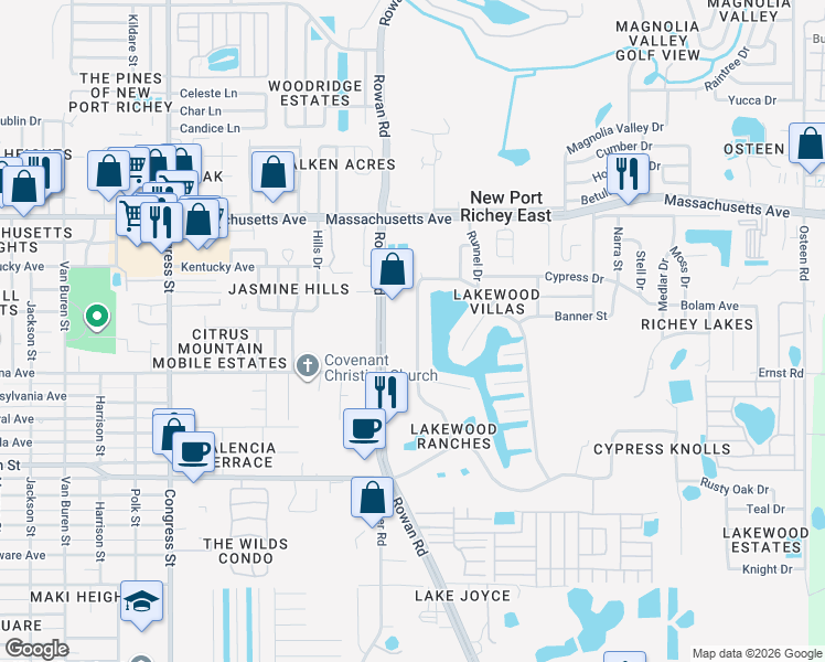 map of restaurants, bars, coffee shops, grocery stores, and more near 6701 Parkside Drive in New Port Richey