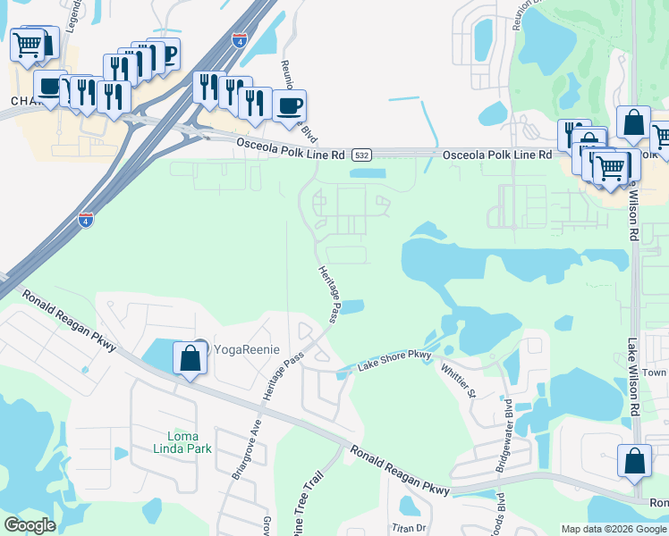 map of restaurants, bars, coffee shops, grocery stores, and more near 320 Lake Palms Drive in Davenport