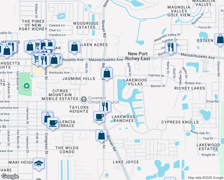 map of restaurants, bars, coffee shops, grocery stores, and more near 6727 Parkside Drive in New Port Richey
