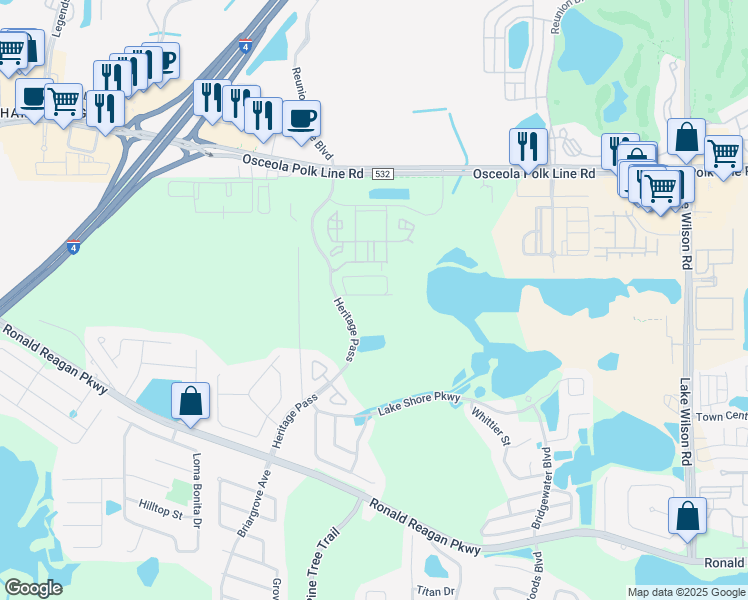 map of restaurants, bars, coffee shops, grocery stores, and more near 320 Lake Palms Drive in Davenport