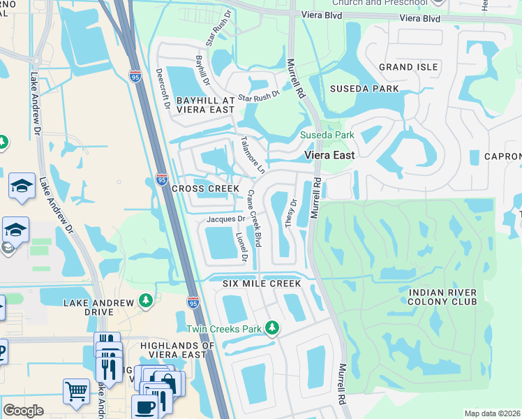 map of restaurants, bars, coffee shops, grocery stores, and more near 1867 Thesy Drive in Melbourne