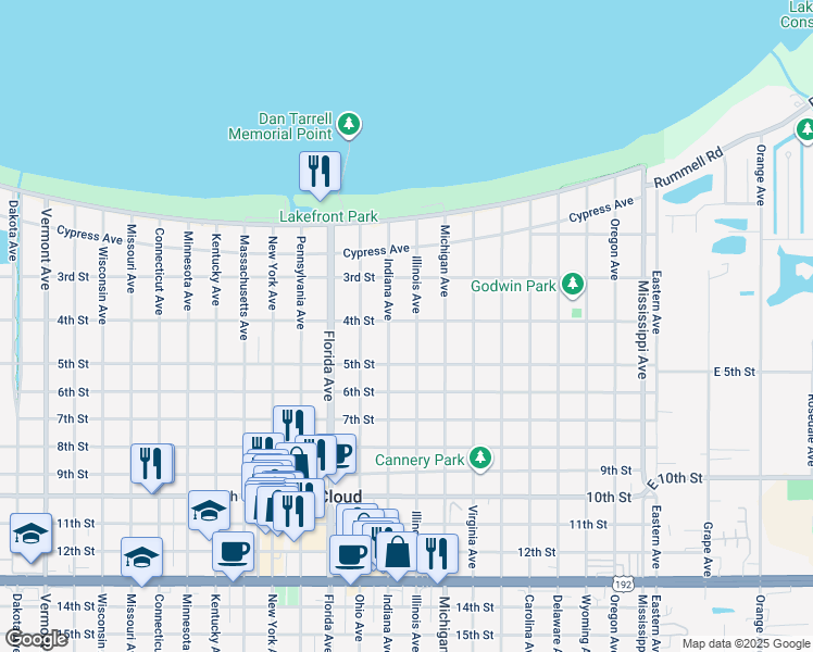 map of restaurants, bars, coffee shops, grocery stores, and more near 400 Illinois Avenue in Saint Cloud