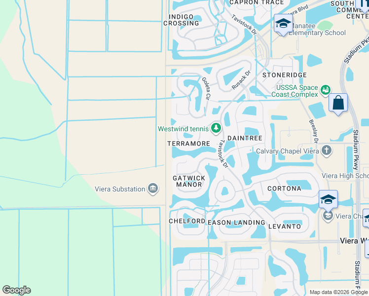 map of restaurants, bars, coffee shops, grocery stores, and more near 3612 Terramore Drive in Melbourne