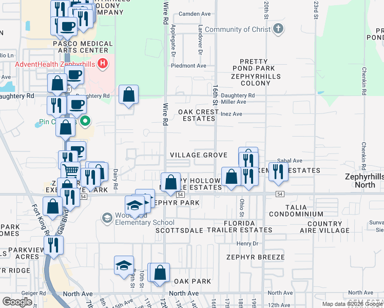 map of restaurants, bars, coffee shops, grocery stores, and more near 38758 Vulcan Circle in Zephyrhills