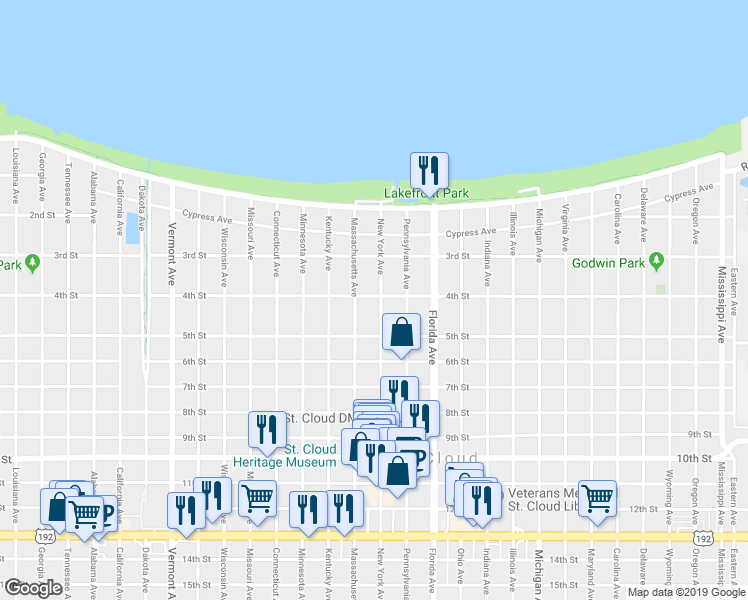 map of restaurants, bars, coffee shops, grocery stores, and more near 400 New York Avenue in Saint Cloud