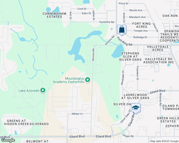 map of restaurants, bars, coffee shops, grocery stores, and more near Simons Road in Zephyrhills