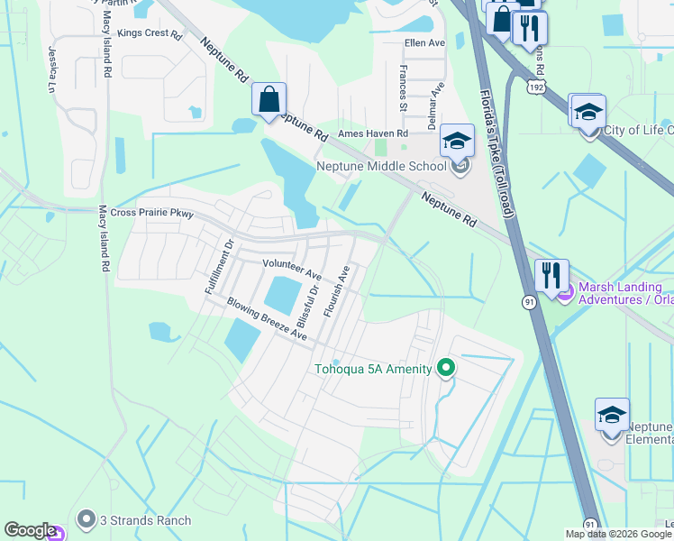 map of restaurants, bars, coffee shops, grocery stores, and more near 1714 Blissful Drive in Kissimmee