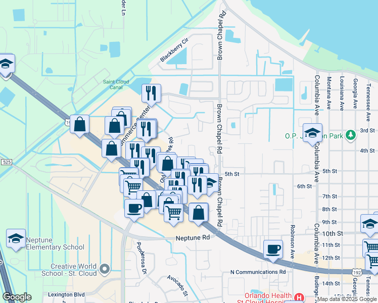 map of restaurants, bars, coffee shops, grocery stores, and more near 419 Hamilton Park Circle in St. Cloud